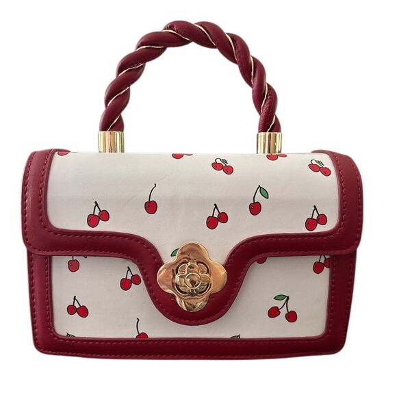 Cherry Print Top Handle Bag Red White Gold Twist Handle Floral Clasp Purse Retro - Picture 1 of 7